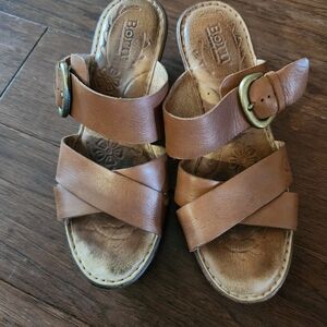 Born Tan Leather Buckle 3" Heels Sandals, Size 8